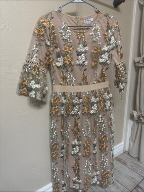 Polagram Beige Midi Dress with Gold and White Floral Embroidery